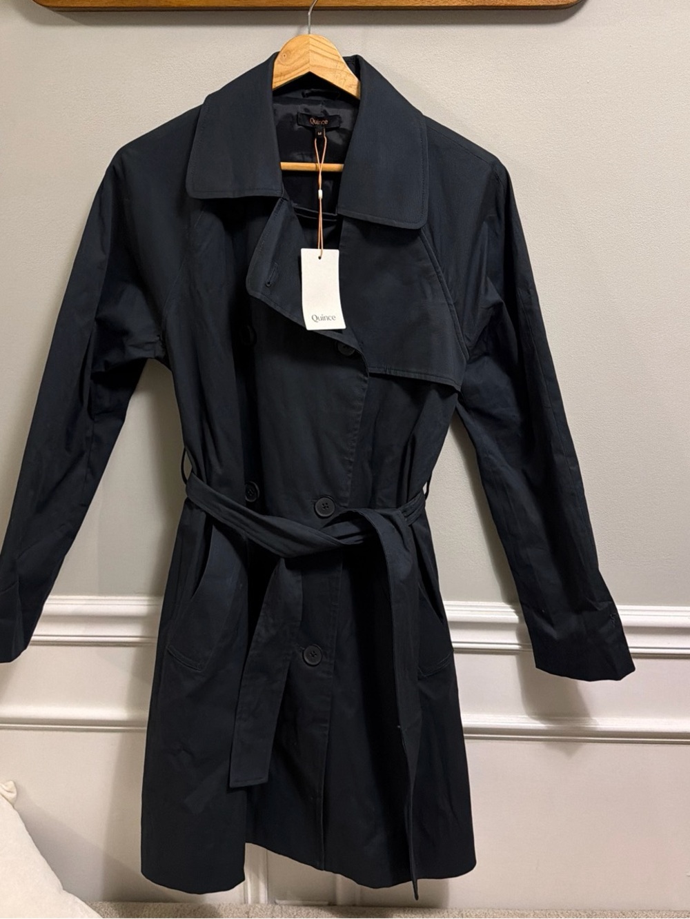 Quince Black Double-Breasted Trench Coat with Belt